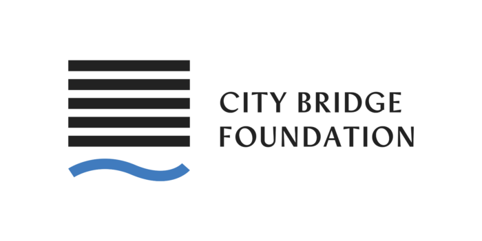 City Bridge Foundation logo in black text with five horizontal lines and a blue squiggle below