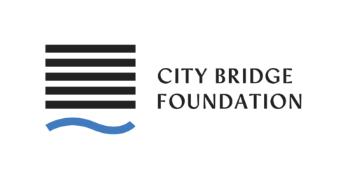 City Bridge Foundation logo in black text with five horizontal lines and a blue squiggle below