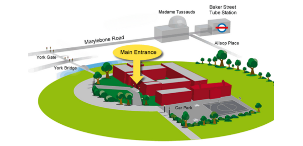 Map showing entrance of Regent's University London and directions from Baker Street Station