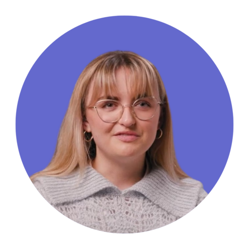 Headshot of Poppy, a kinship carer, against a purple background.